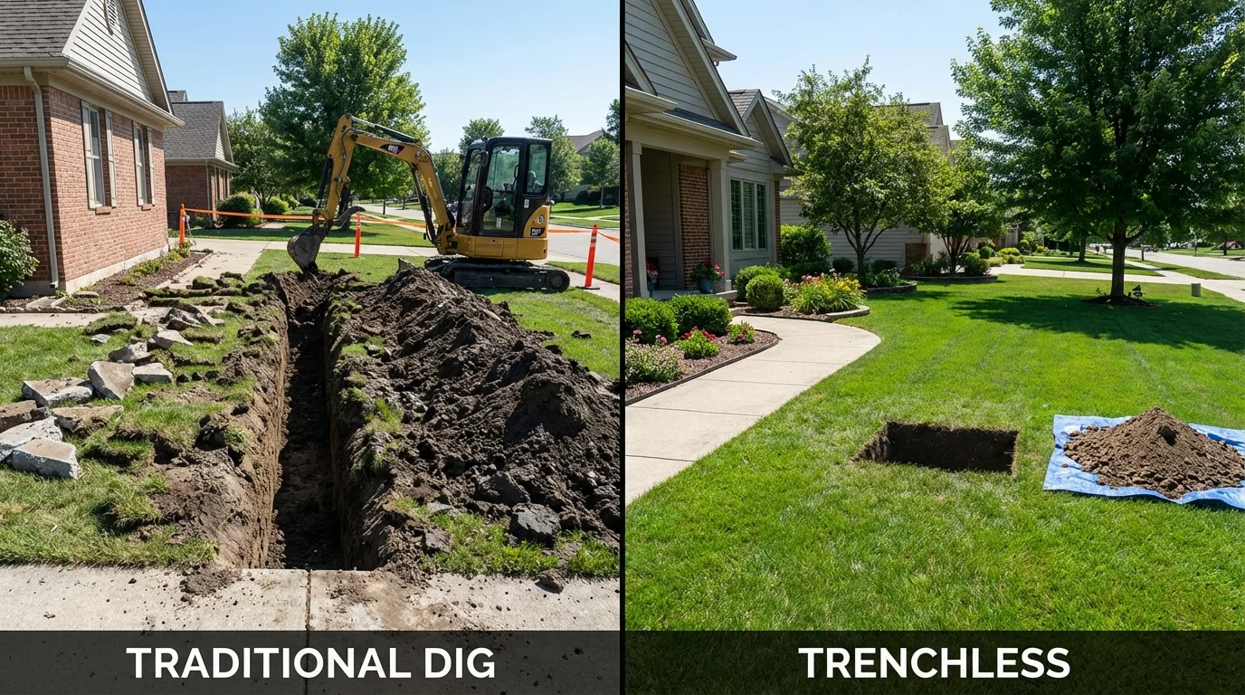 Trenchless sewer repair with minimal yard damage versus traditional excavation in Marion, AL
